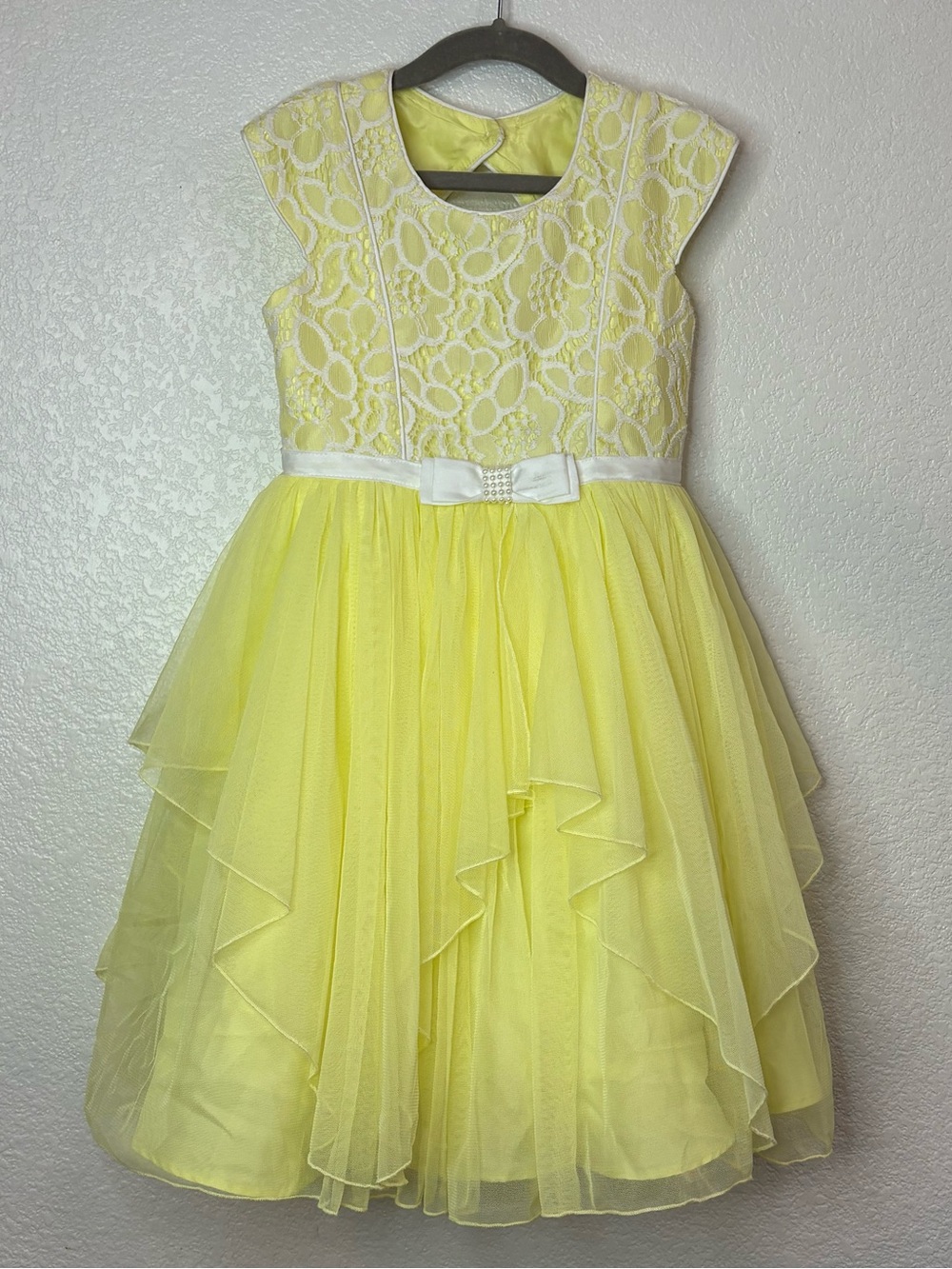 Jona Michelle Yellow Lace & Tulle Party Dress with Satin Bow